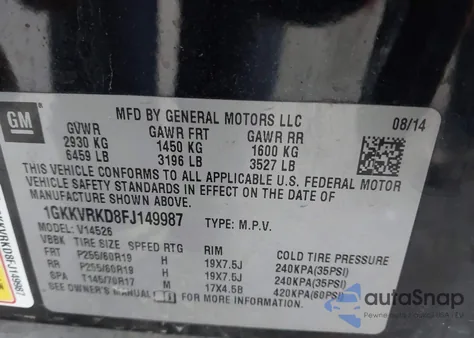 2015 GMC Acadia Slt-1 from USA, damaged, VIN 1GKKVRKD8FJ149987
